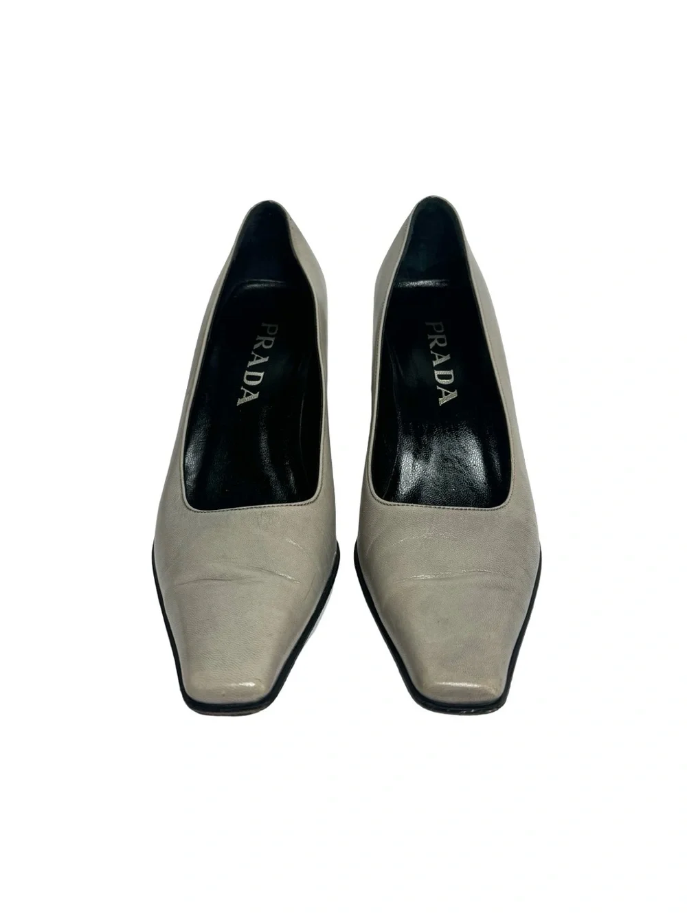 PRADA | Vintage 90s Grey Leather Square Toe Sculptural Block Heel Pump 36